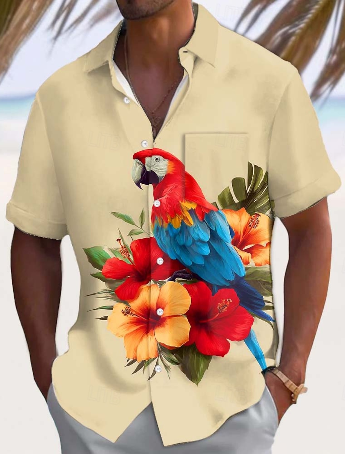 Men's Parrot Tropical Plants Flowers Summer Hawaiian Shirt Button Up Shirt Aloha Shirt Short Sleeve Hawaiian Casual Vacation Summer Spring Turndown 3D Print Collared Shirts Front One Pocket White 1