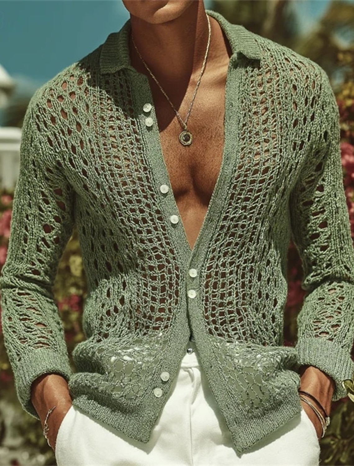 Men's Sweater Cardigan Ribbed Knit Regular Tops Knitted Openwork Plain