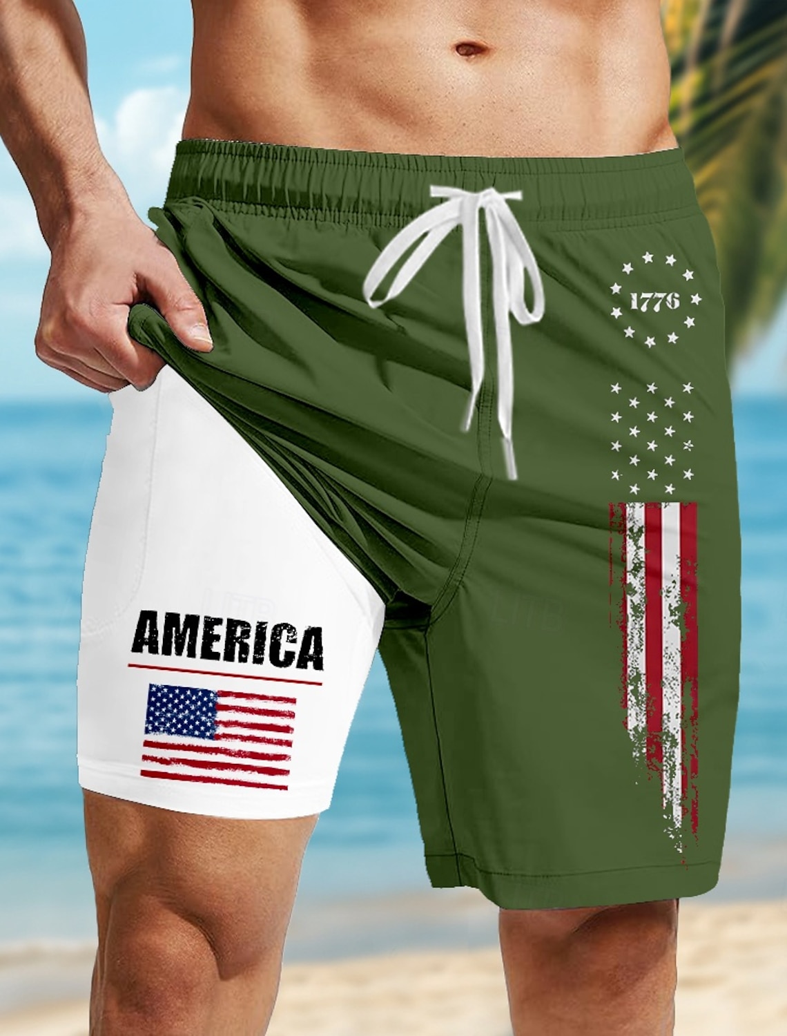 Independence Day Men's American US Flag 4th of July U.S. 250th Anniversary Patriotic Lined Shorts 2 in 1 Board Shorts Swim Trunks Mid Waist Holiday Side Pockets With Compression Liner Elastic
