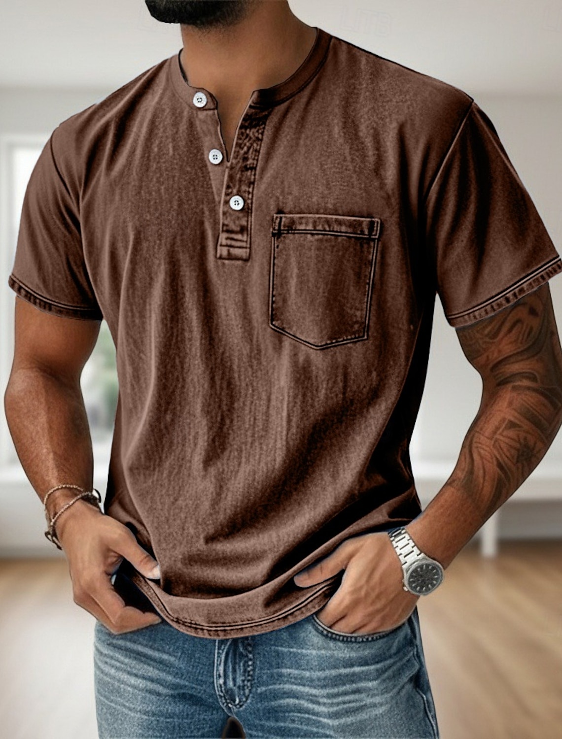 Men's Henley Shirt 100% Cotton Acid Wash T Tee Short Sleeve Solid #1