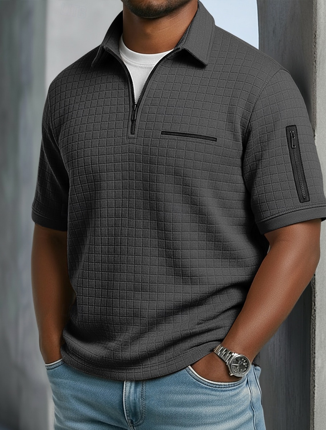 Men's Polo Ice Silk Seersucker Polo Casual Business Ribbed Polo Collar Short Sleeve Fashion Basic Solid Color Buttons Summer Spring & Fall Regular Fit Black White Navy Blue Light Blue Polo