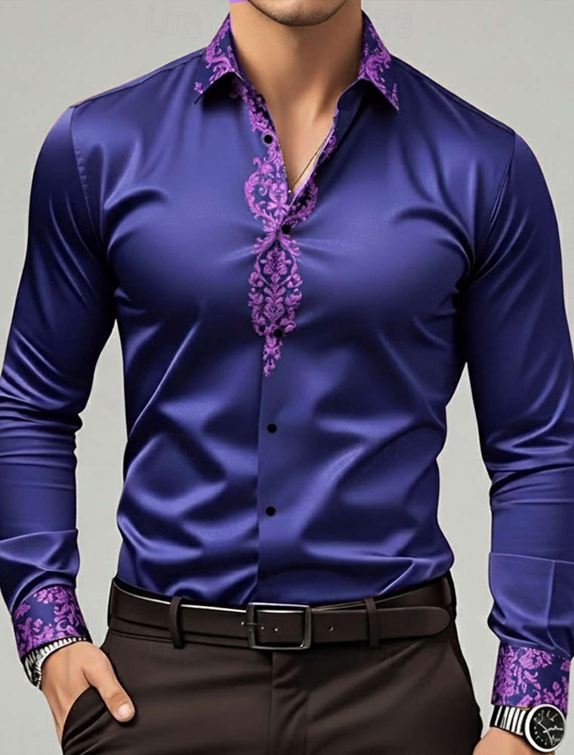 Men's Floral Print Ethnic Flowers Shirt Satin Dress Long Sleeve