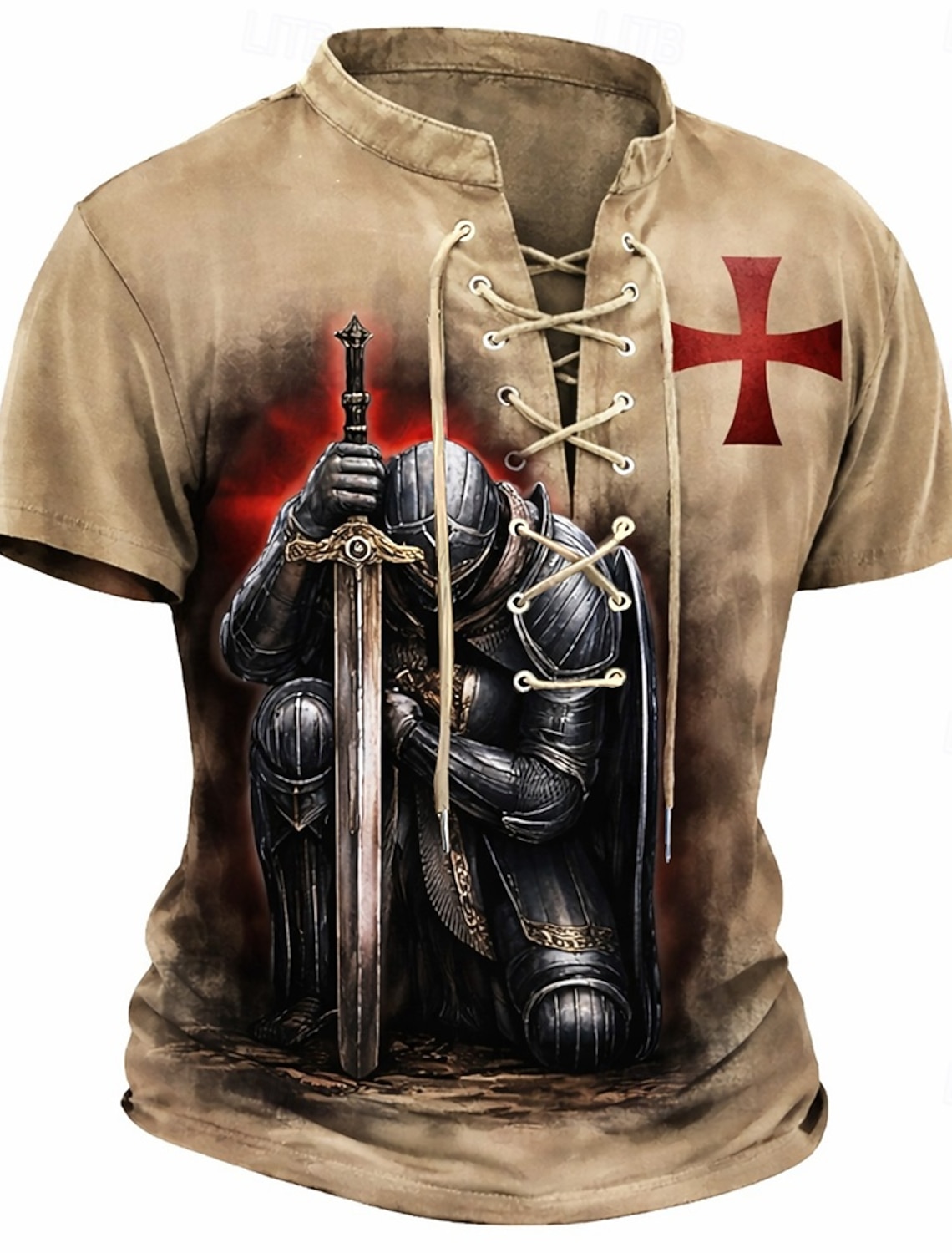 Knights Templar Crusader Armor Red Cross Raven Men's Medieval Renaissance Vintage Gothic Henley Shirt All Over Print Lace Up Short Sleeve Renaissance Faire Cosplay Costume Streetwear Designer Clothing