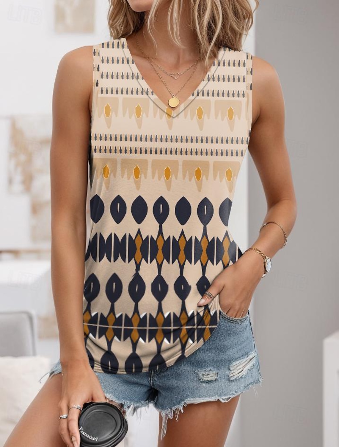 Women's Tank Top Vest Vintage Ethnic Boho Geometric Print Sleeveless Regular Tops V Neck Vacation Summer