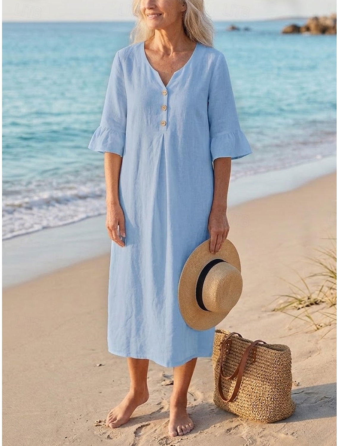 Women's Midi Dress Sundress Casual Dress Vacation Casual Boho Beach Party Date Regular Fit Plain Short Sleeve V Neck Blue White Beige Summer Spring