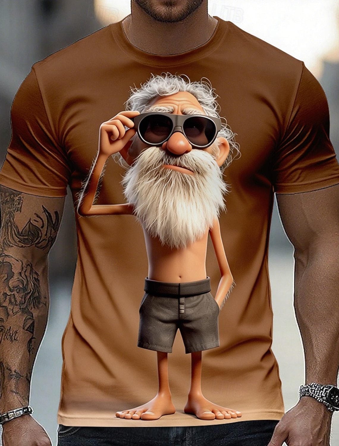 Funny 3D Graphic Cool Old Man with White Beard & Sunglasses Men's Teal T-Shirt - Quirky Grandpa Caricature Design Short Sleeve Crew Neck Summer Beach Holiday Tee - Unique Father's Day Gift Apparel