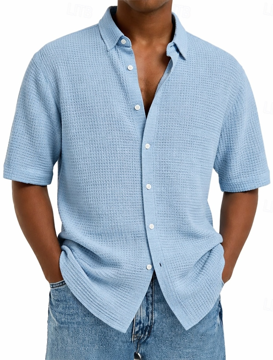 Men's Shirt Waffle Texture Casual Button Up Black White Wine Navy B #1