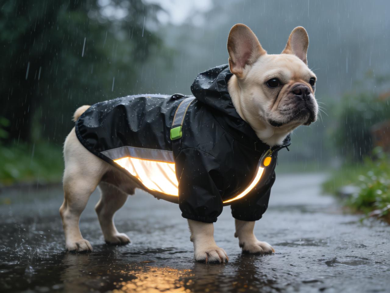 A French Bulldog wearing a Frenchie Vibe raincoat in the rain, showing full belly coverage and reflective details.