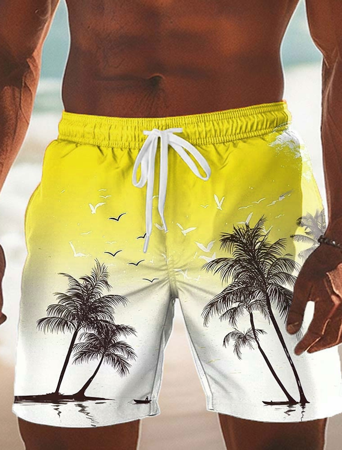 Men's Coconut Tree Gradient Color Tropical Plants Swim Trunks Swim Shorts Board Shorts Mid Waist Hawaiian Beach Vacation Wear Side Pockets Mesh Lining Elastic Drawstring Waist Designer Clothing