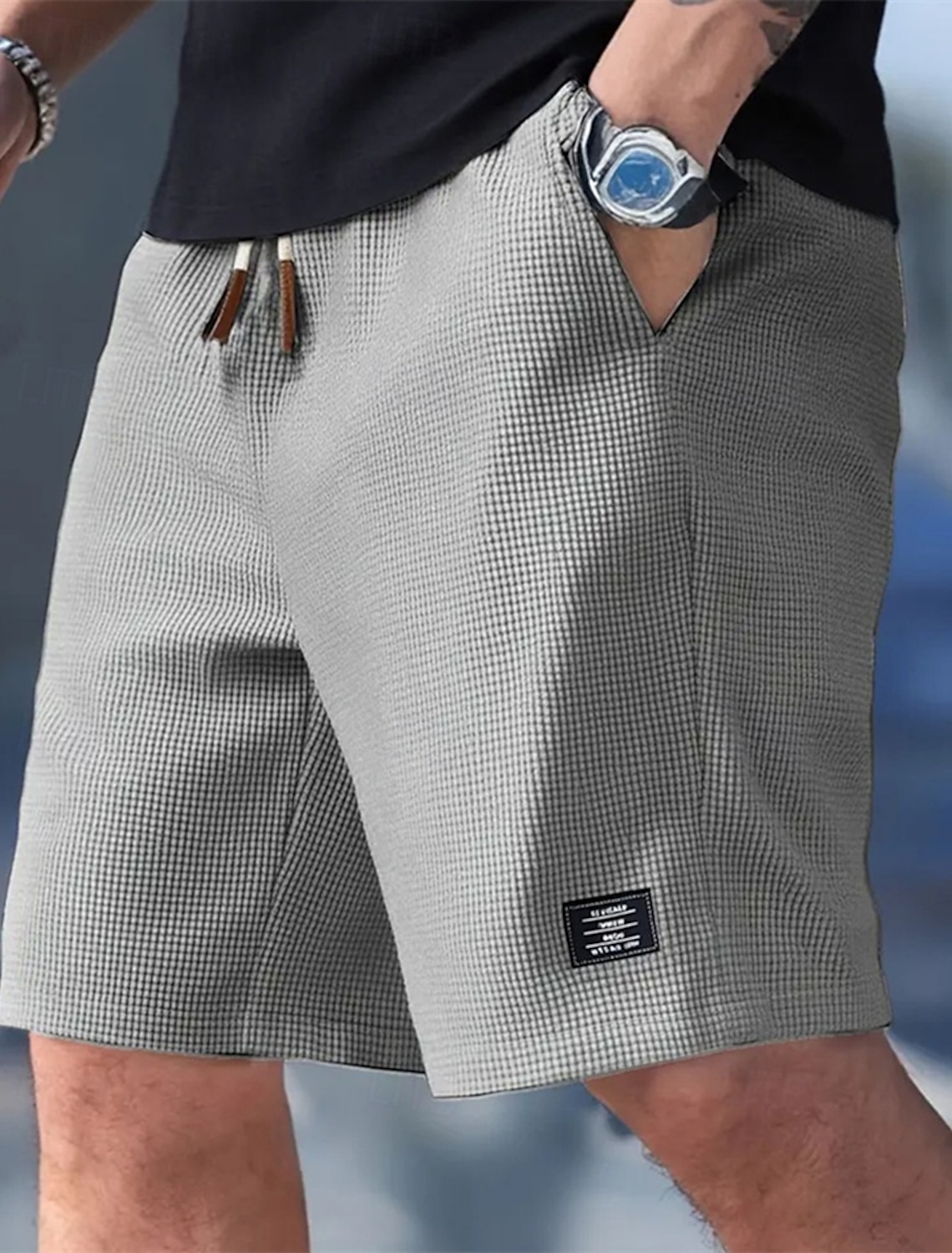 Men's Waffle Shorts Shorts Summer Shorts Casual Shorts Pocket Elastic Waist Drawstring Plain Comfort Breathable Knee Length Outdoor Vacation Sport Casual Black White Micro-elastic