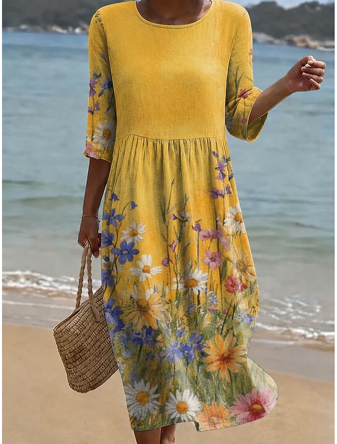Women's Midi Dress Sundress Vacation Casual Boho Beach Holiday Loose Fit Floral Graphic 3/4 Length Sleeve Crew Neck Blue Yellow Purple Summer Spring