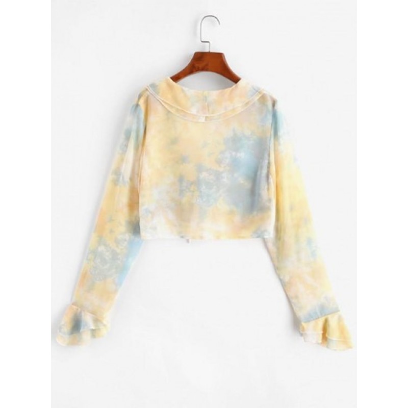 Tie Dye Ruffle Bell Sleeve Crop Blouse RN8674