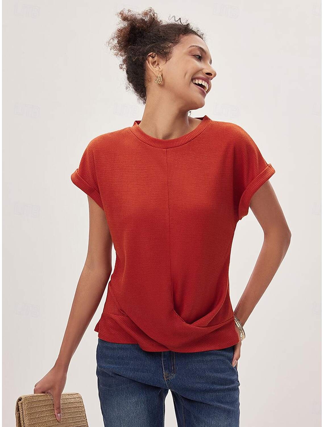 Women's Knitted Top V-neck Short Sleeve Elastic Soft Burnt Casual Loose Fit Versatile Spring Fall Clothing Apparel