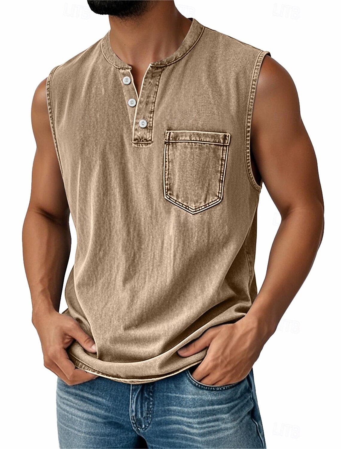 SoftFade™ Men's Vintage Vest Top 100% Cotton Acid Wash Undershirt Sleeveless Henley Shirt Summer Fall Plain Classic Vacation Street Black Top Tee for Men