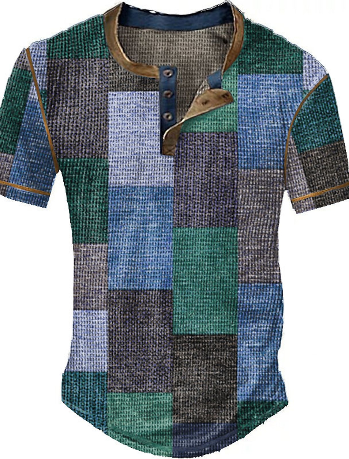 Men's Graphic Plaid Color Block Waffle Henley Shirt Short Sleeve 3D Print Vintage Fashion Designer Outdoor Daily Summer Yellow Red Blue Green Dark Blue Henley Henley T-Shirt