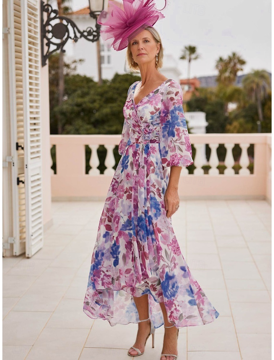A-Line Ankle Length Wedding Guest Dress Formal Dresses Evening Gown Mother of the Bride Dress Long Sleeve V Neck Elegant Vintage Formal Wedding Guest Chiffon with Ruched Flower
