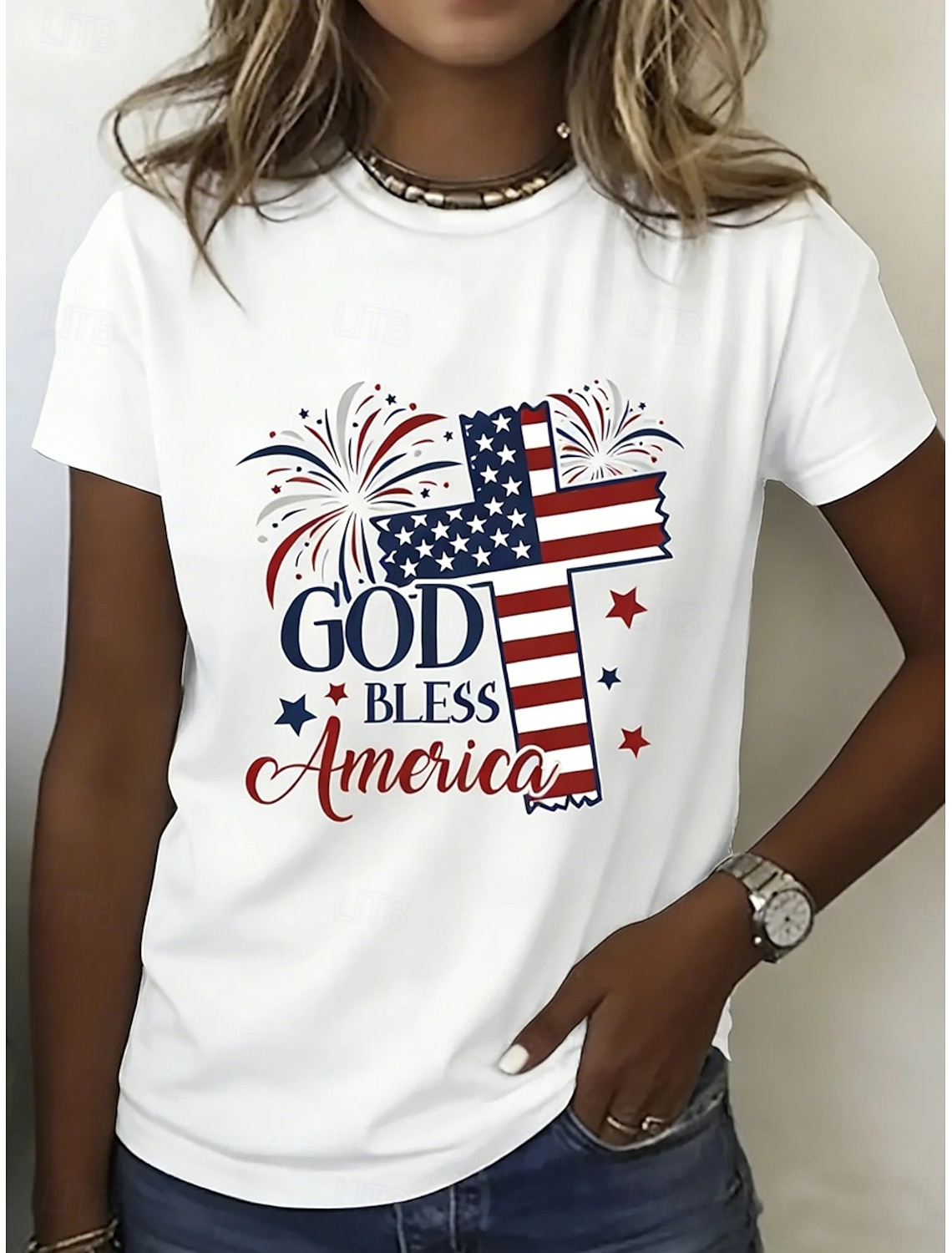 American Independence Day Women's T Shirt Print Graphic Letter Vintage Stylish Classic Short Sleeve Crew Neck Regular Tops Daily Blue Black White Red Summer Spring