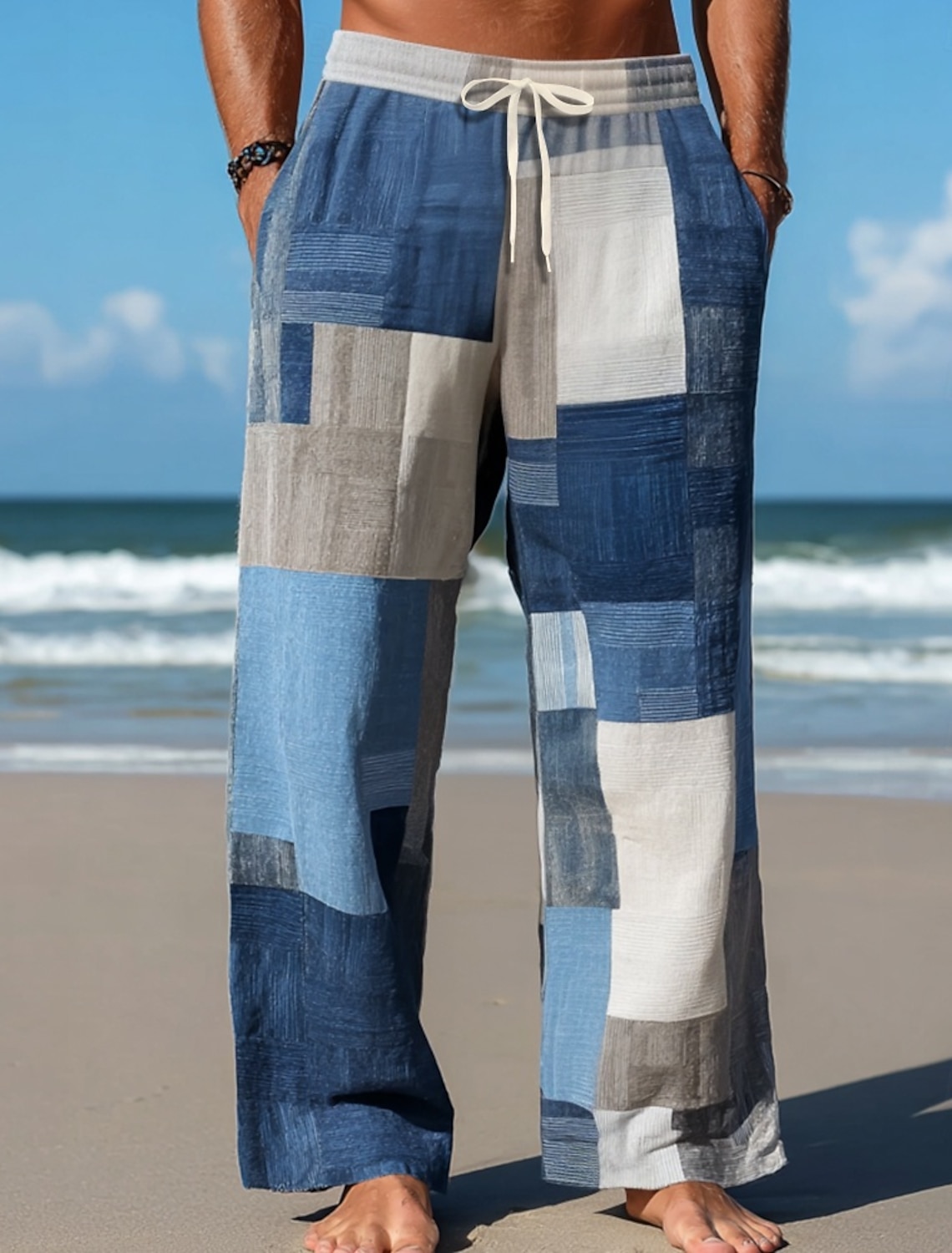Men's Geometric Color Block Patchwork Trousers Baggy Pants Casual Mid