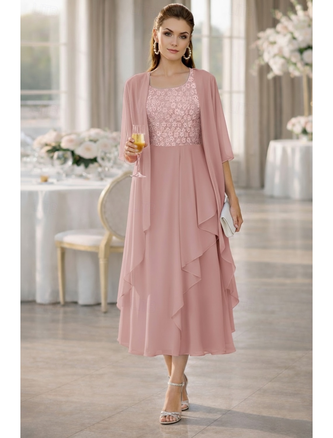 Two Piece A-Line Knee Length Wedding Guest Dress Mother of the Bride Dress Sleeveless Scoop Neck Elegant Wedding Guest Wedding Party Chiffon Lace Jacket Dresses with Pleats Appliques