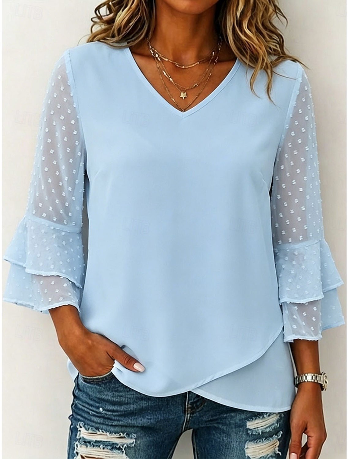 Women's T Shirt Tee Top Elegant 3/4 Length Sleeve Ruffle Sleeve V Neck Regular Tops Casual Beach Wear Blue Black White Pink Green Summer Spring