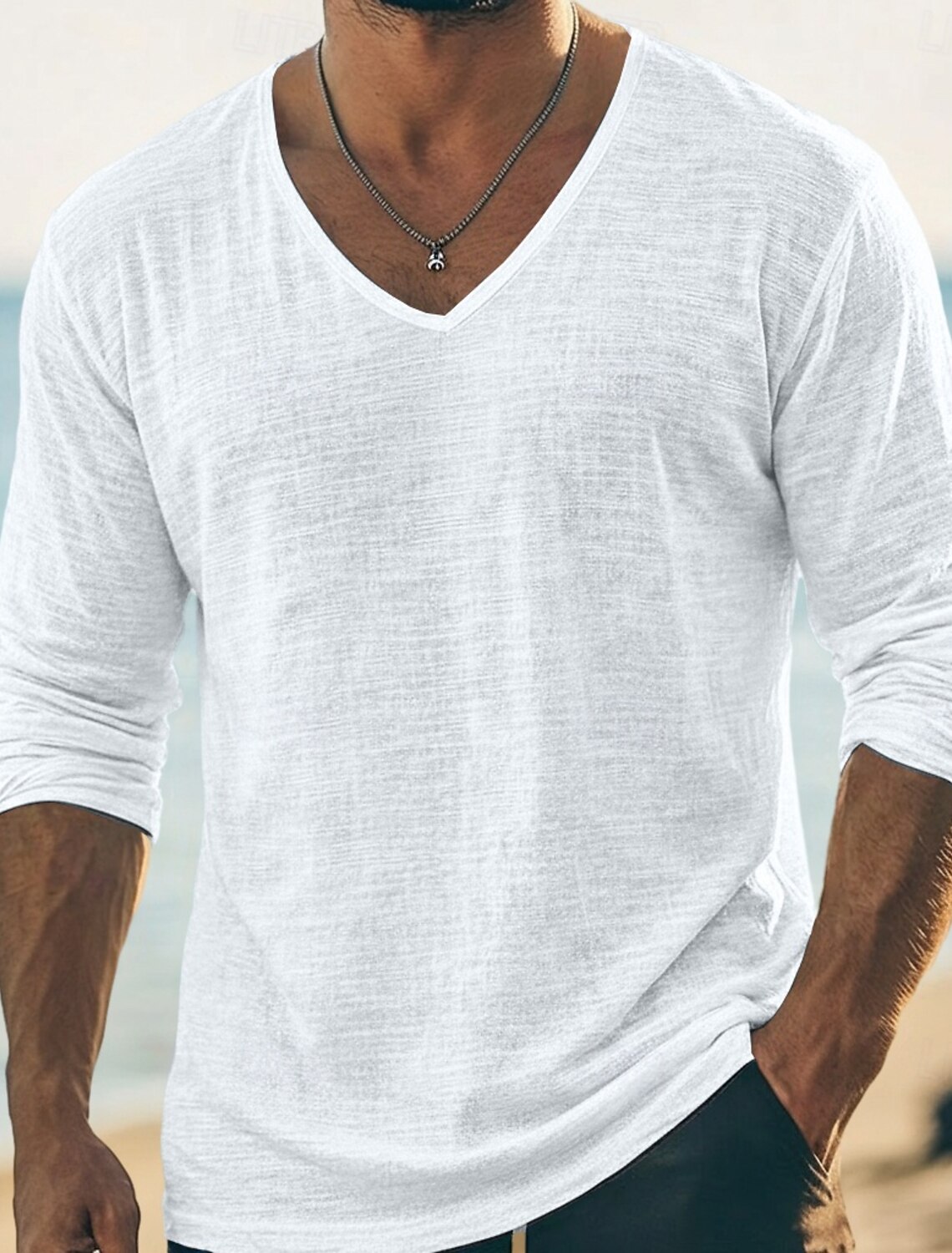 Men's Tee Top Linen T-Shirt Long Sleeve V Neck Summer Spring Solid