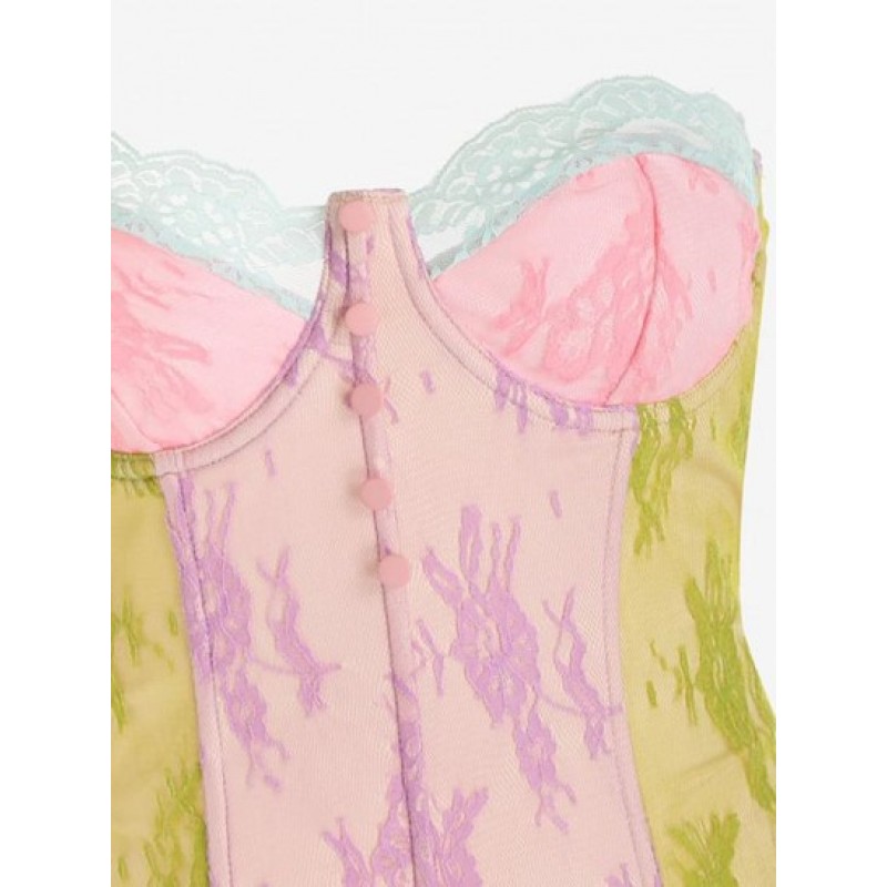Colorblock Lace Underwire Mock Button Strapless Corset Top PC8745