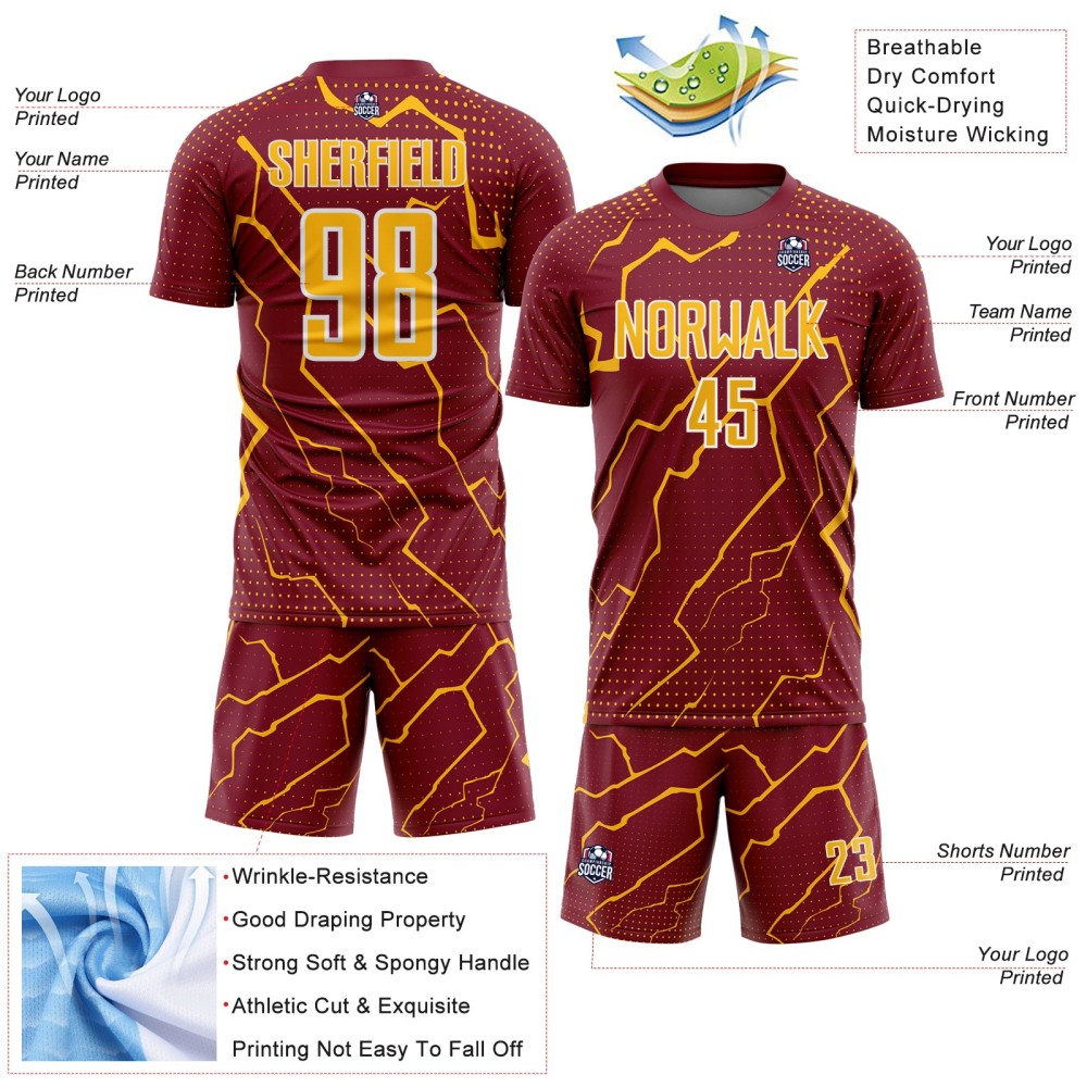 Gold-White Custom Sports Soccer Uniform Crimson Jersey Sublimation Lightning