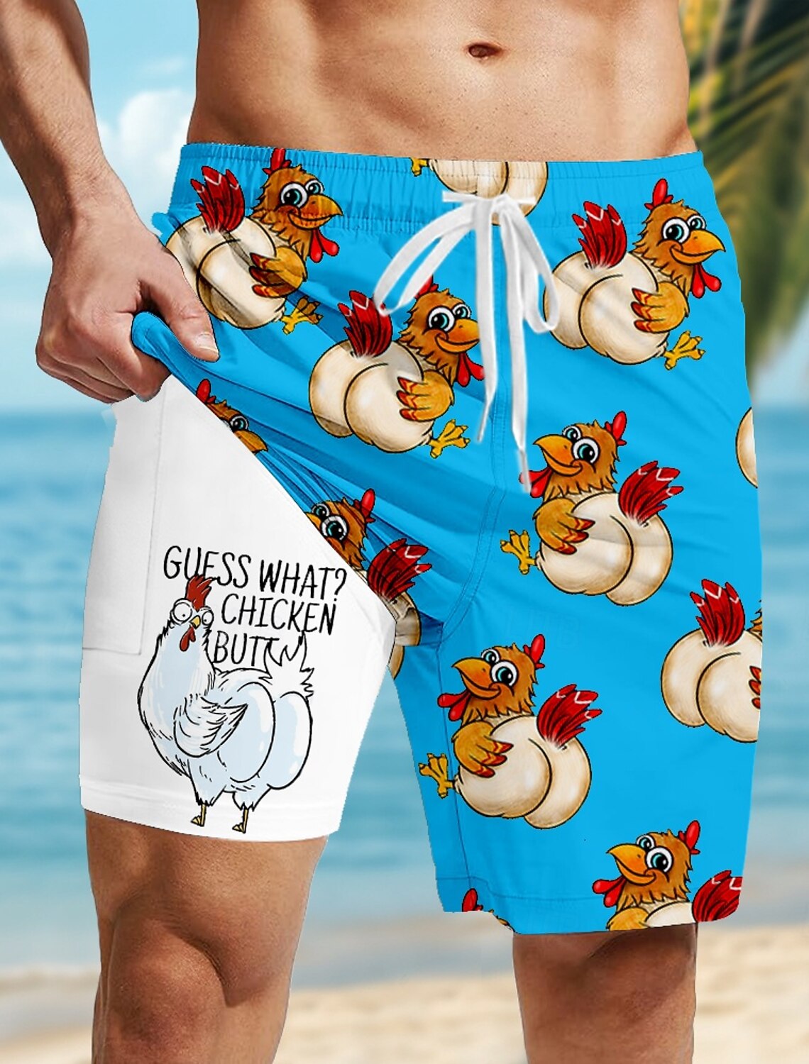 Men's Flamingo Bird Lined Shorts Swim Board Mid Waist Hawaiian