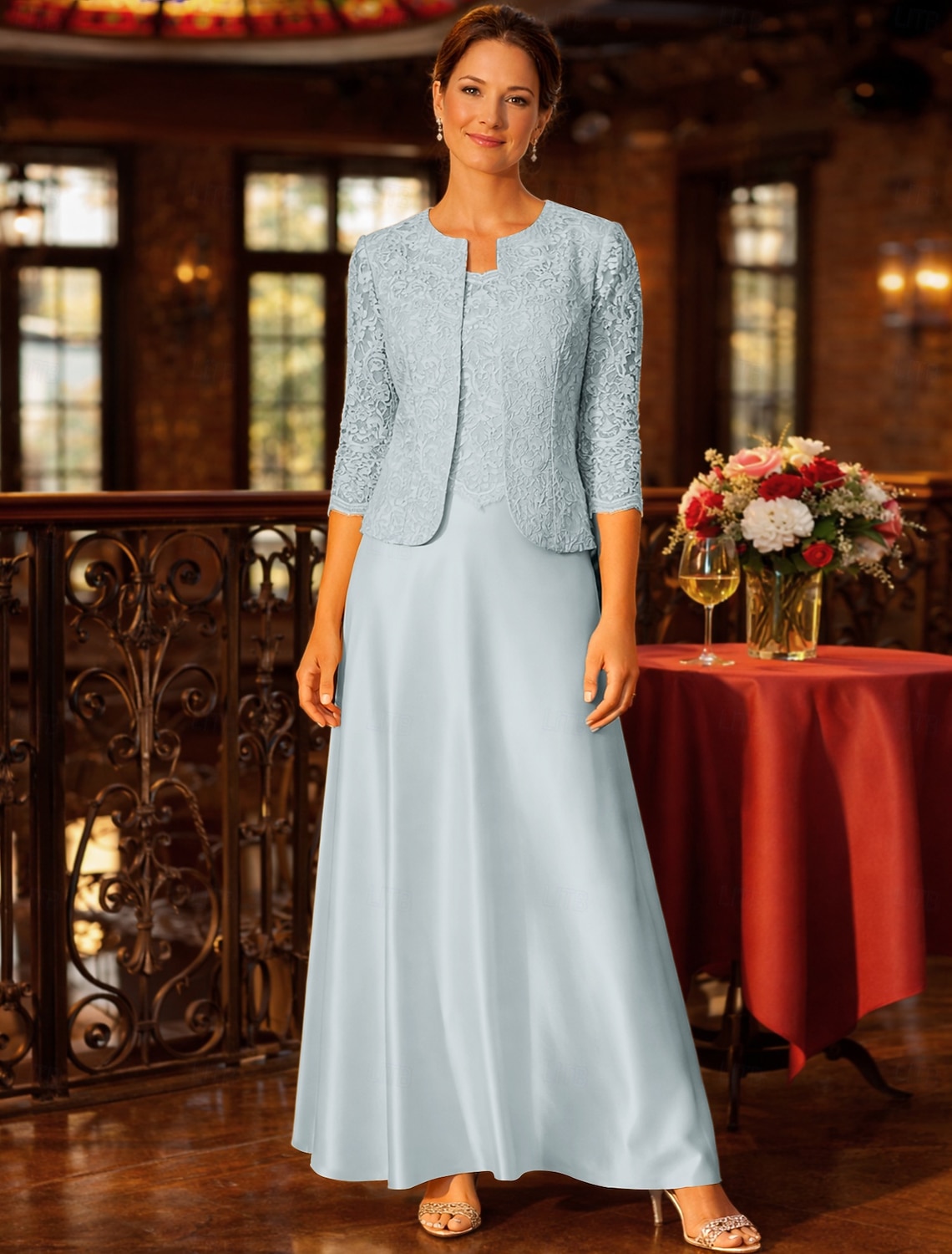Sheath Column 3 Piece Floor Length Wedding Guest Dress Mother of the Bride Dress Sleeveless Long Sleeve Square Neck Jewel Neck Elegant Vintage Simple Formal Wedding Guest Satin Lace Jacket Dresses