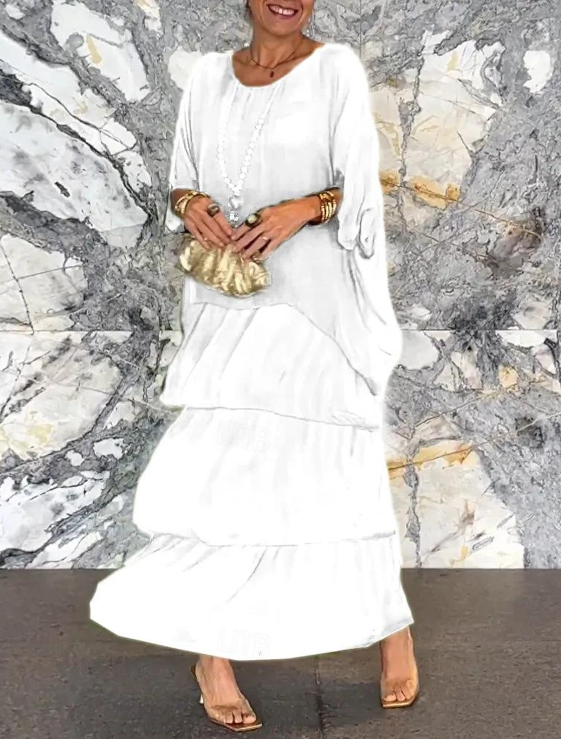 Women's Long Dress Maxi Dress Casual Dress Summer Dress Boho Dress Stylish Casual Vacation Daily Date Regular Fit Geometric 3/4 Length Sleeve Crew Neck White Navy Blue Green Summer