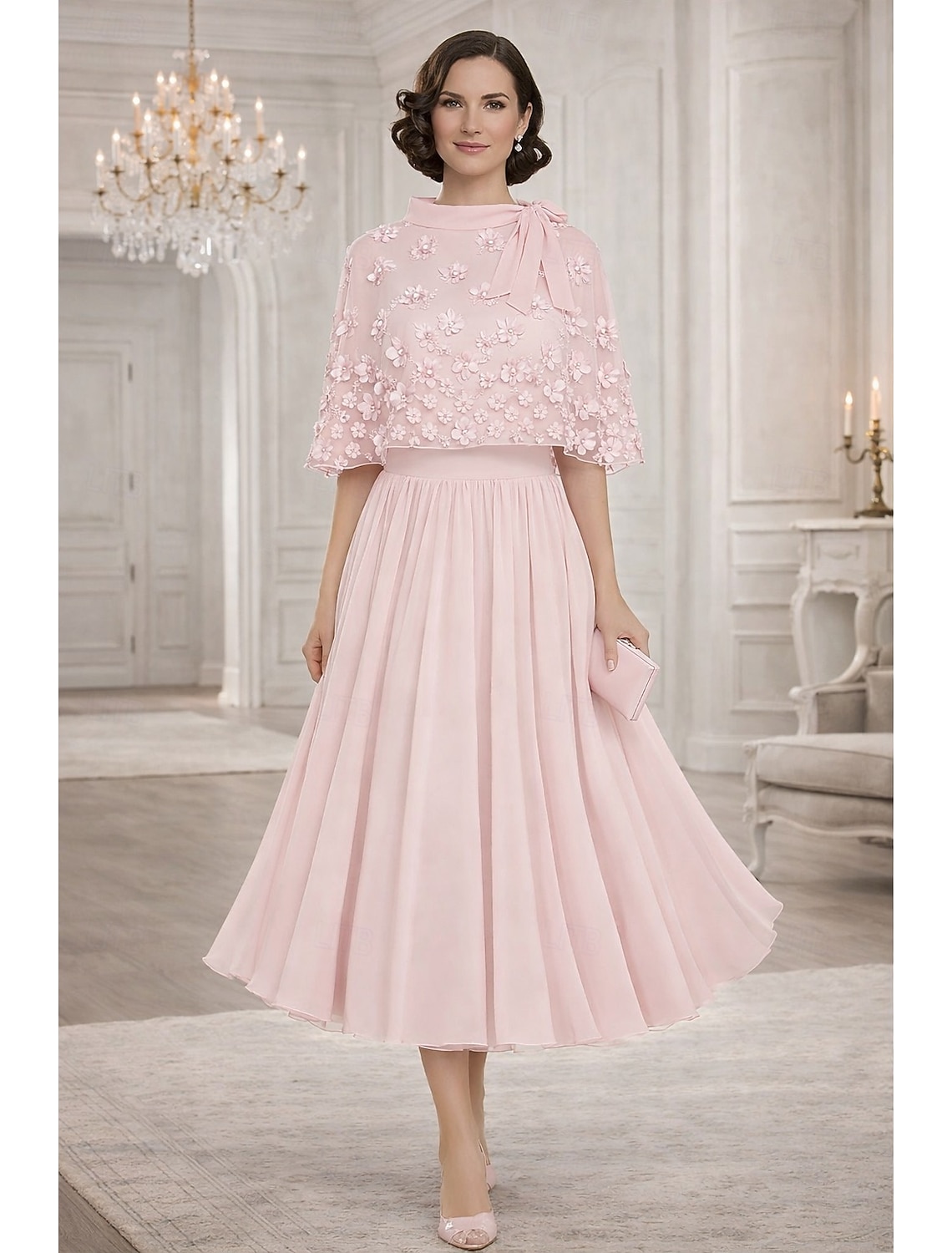 A-Line Tea Length Party Dress Cocktail Dress Wedding Guest Dress Mother of the Bride Dress Short Sleeve Crew Neck Boat Neck Elegant Formal Wedding Guest Family Gathering Chiffon Wrap Included with 3D