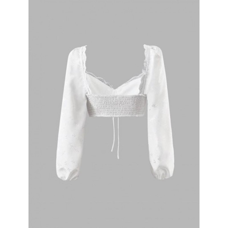 Flower Jacquard Lace Insert Pintuck Smocked Crop Blouse YN5246