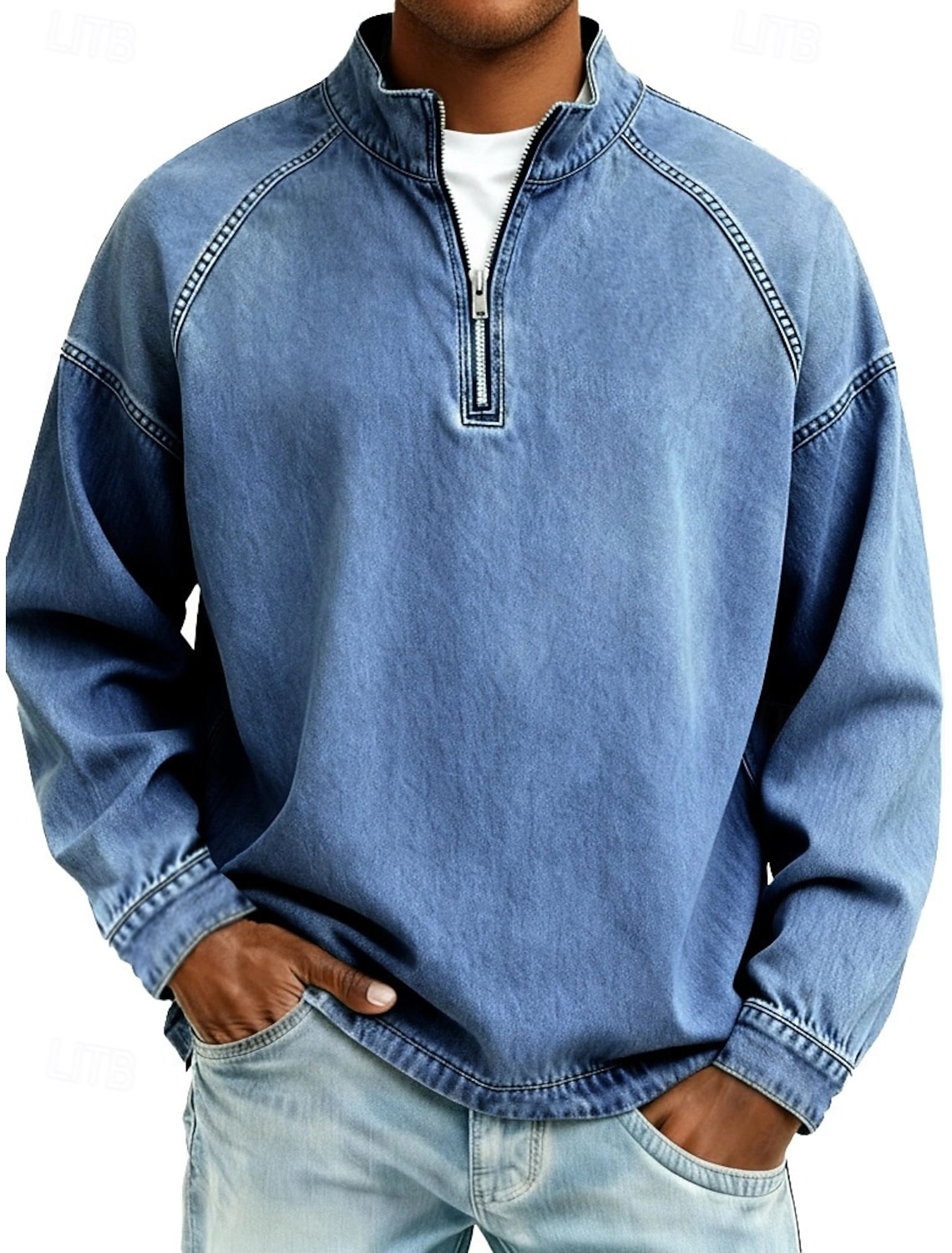 SoftFade™ Men's 100% Cotton Acid Wash Shirt Tee Top Long Sleeve Stand Collar Spring Fall Plain Vintage Streetwear Casual Zip Up Basic Casual Home Street Black Pink Top Tee for Men