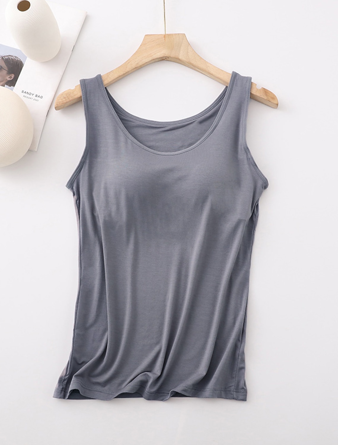 Women's Camisole Tank Top Basic Sleeveless Regular Tops Round Neck Casual Black White Orange Dark Gray Gray