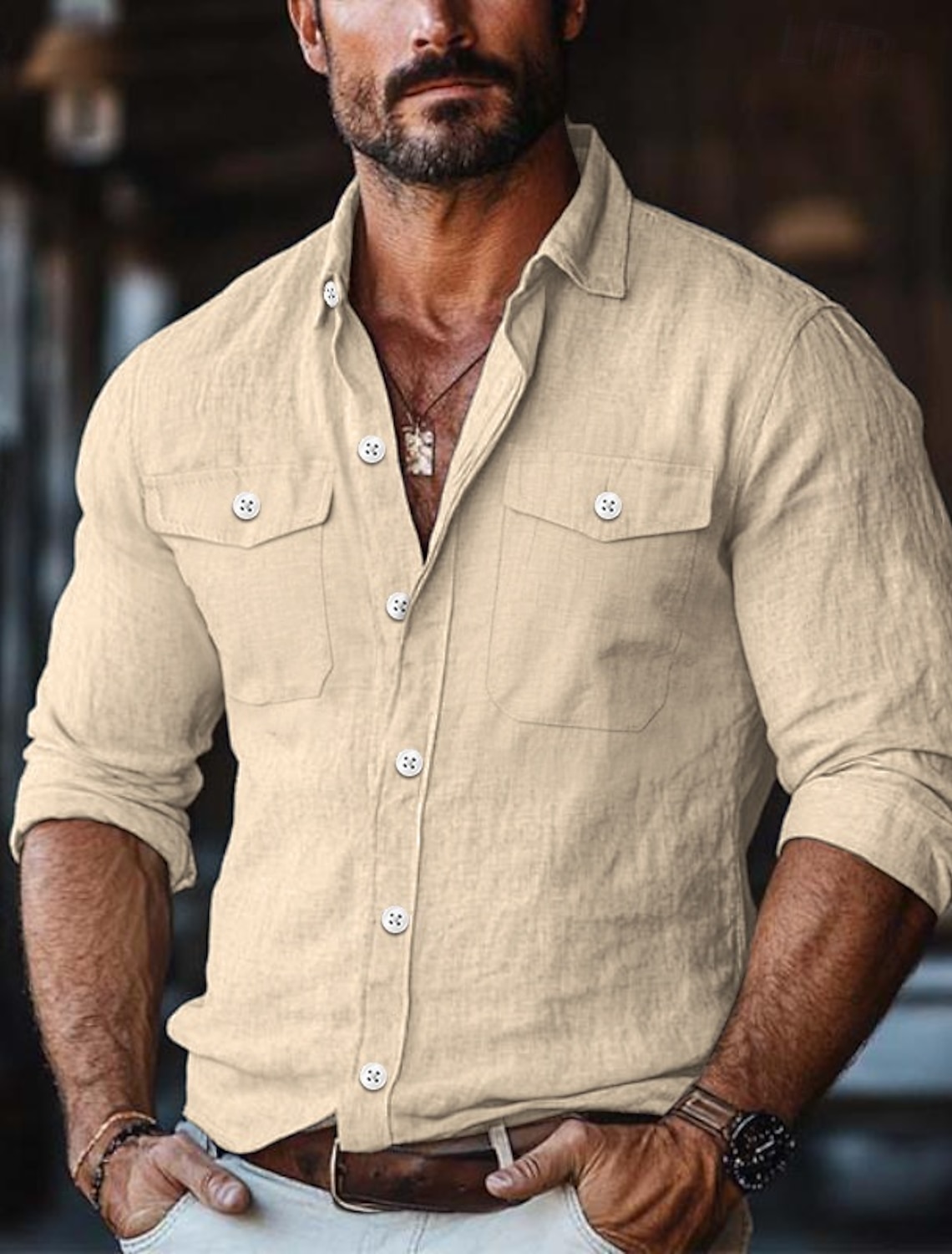 Men's Shirt Linen Shirt Summer Shirt Button Up Shirt Solid Color Vacation Street White Green Khaki Light Blue Long Sleeve Collar Clothing Apparel Pocket