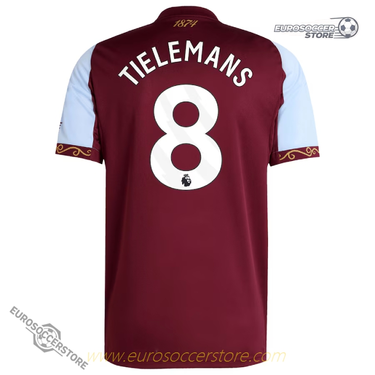 Aston Villa's 25-26 Home Jersey featuring TIELEMANS with the number 8