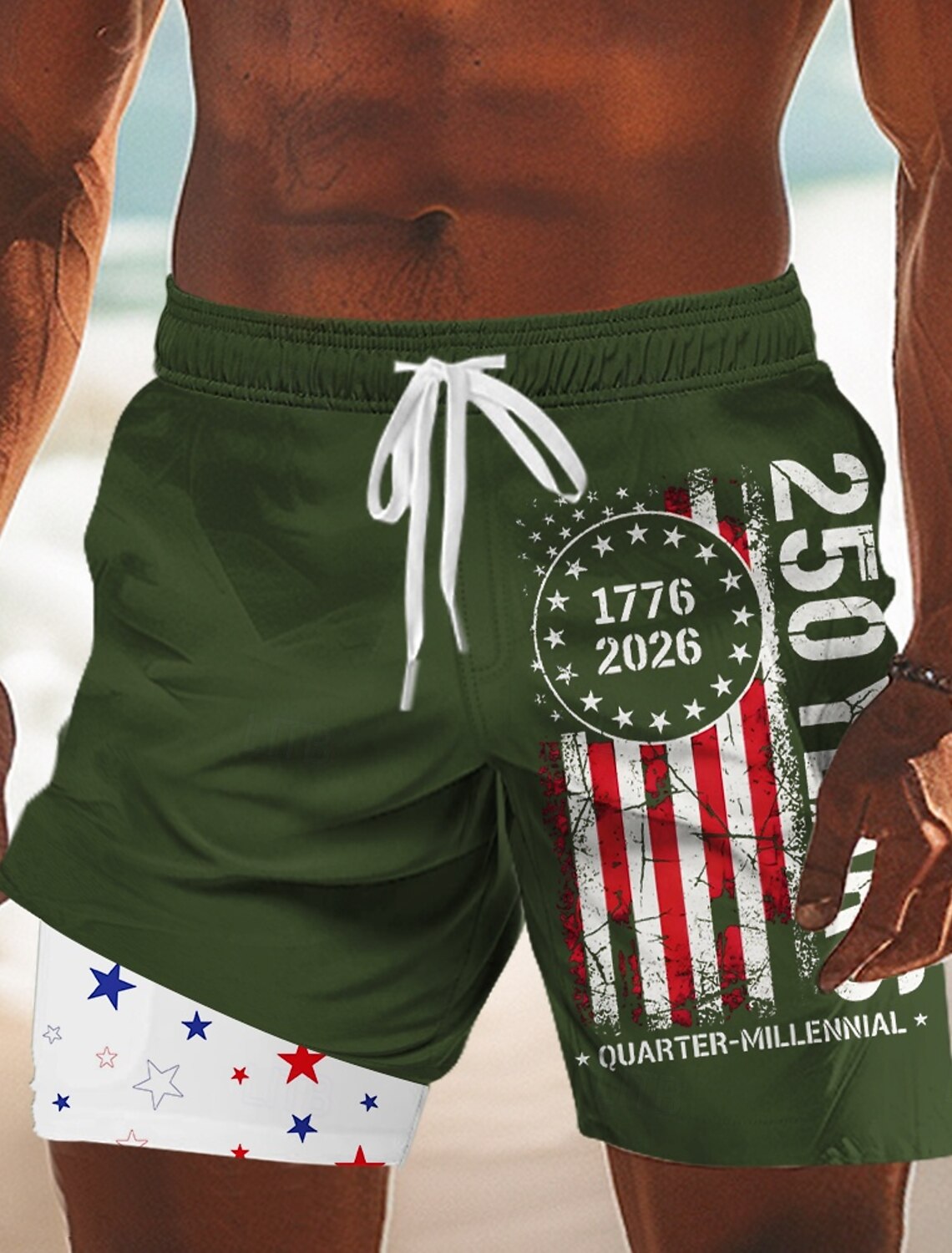 Men's 4th of July U.S. 250th Anniversary US Flag 1776 Lined Shorts 2 in 1 Board Shorts Swim Shorts Mid Waist Patriotic Holiday Side Pockets With Compression Liner Elastic Drawstring Waist Designer