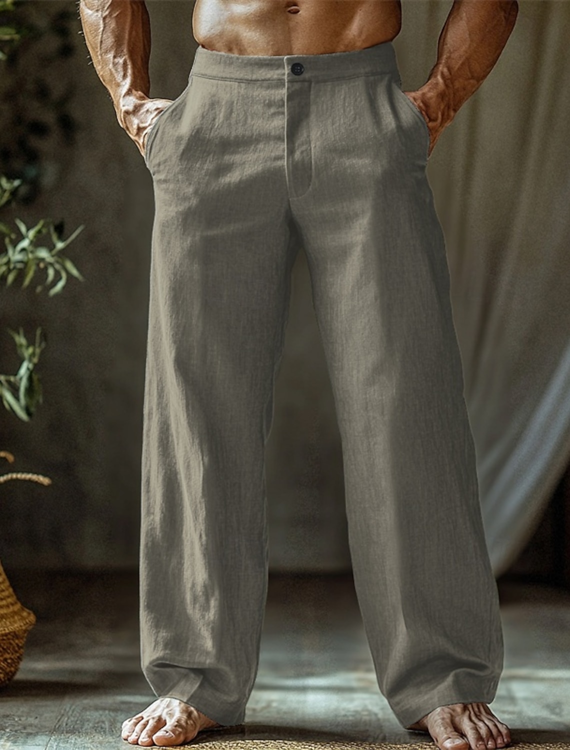 Men's Linen Pants Trousers Summer Pants Beach Pants Buttons Pocket Straight Leg Plain Comfort Breathable Vacation Daily Holiday Hawaiian Boho Black White