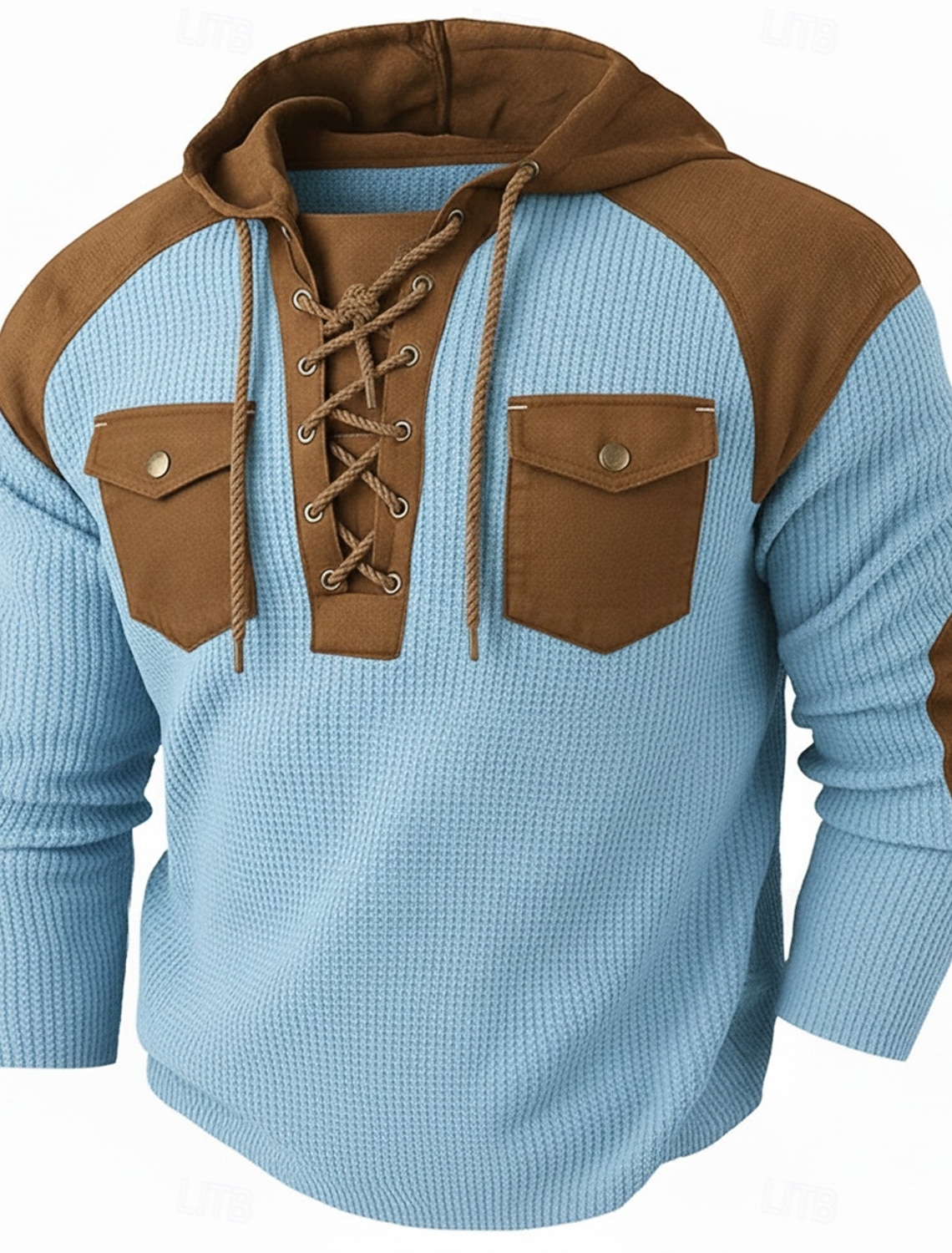 Men's Waffle T-shirt T Shirt Waffle Henley Shirt Shirts With Elbow Patches Long Sleeve Hooded Lace Up Neck Fall & Winter Fall Winter Solid Color Traditional / Vintage Casual Drawstring Casual Home
