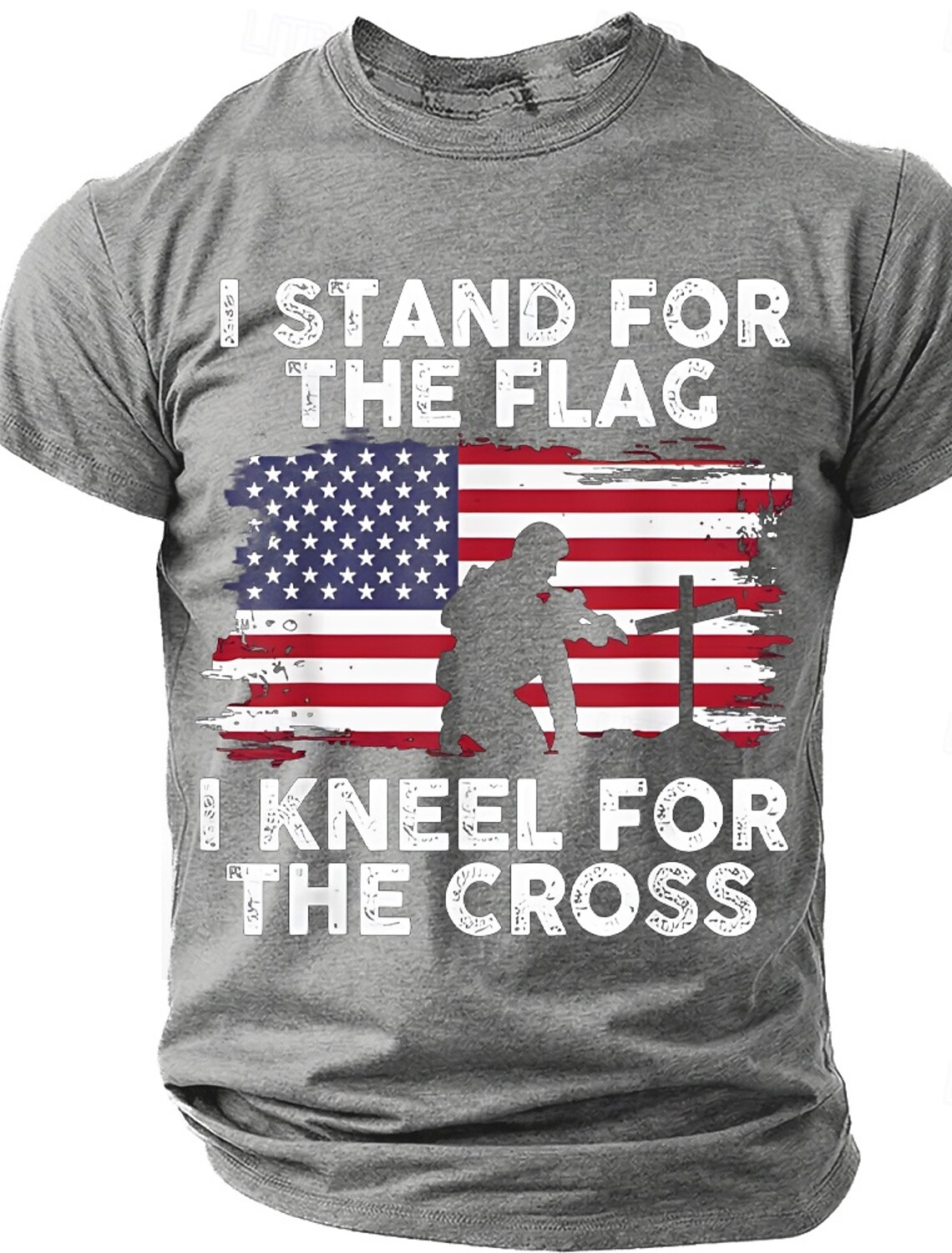 Memorial Day I Stand For The Flag I Kneel For The Cross Men's Bible American Flag Kneeling Soldier Christian Cross Patriotic Graphic T Shirt Vintage Casual Tee Designer Clothing Apparel