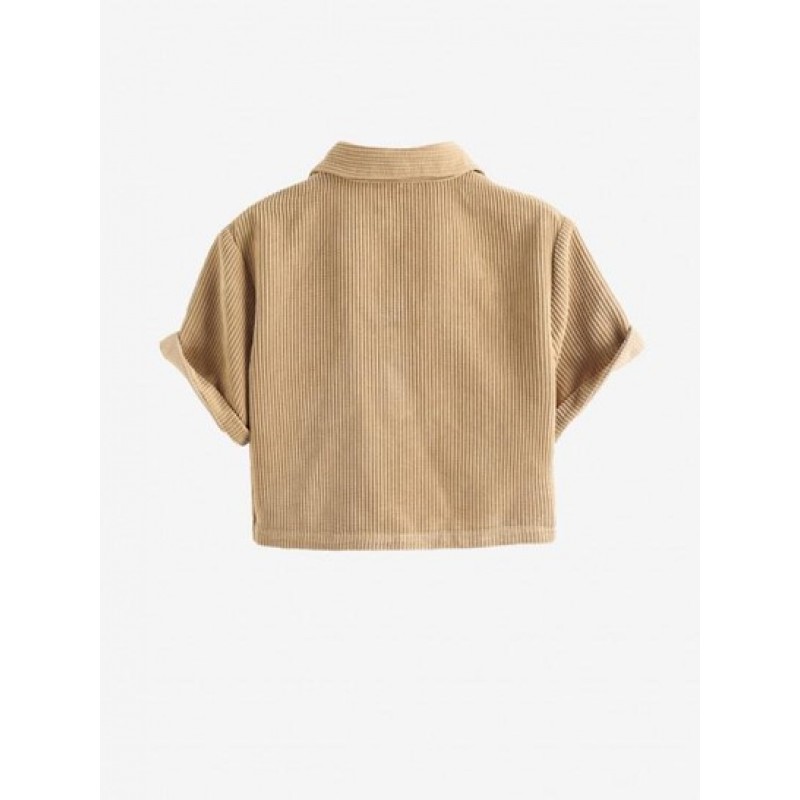 Button Front Corduroy Collared Cropped Top GO9042