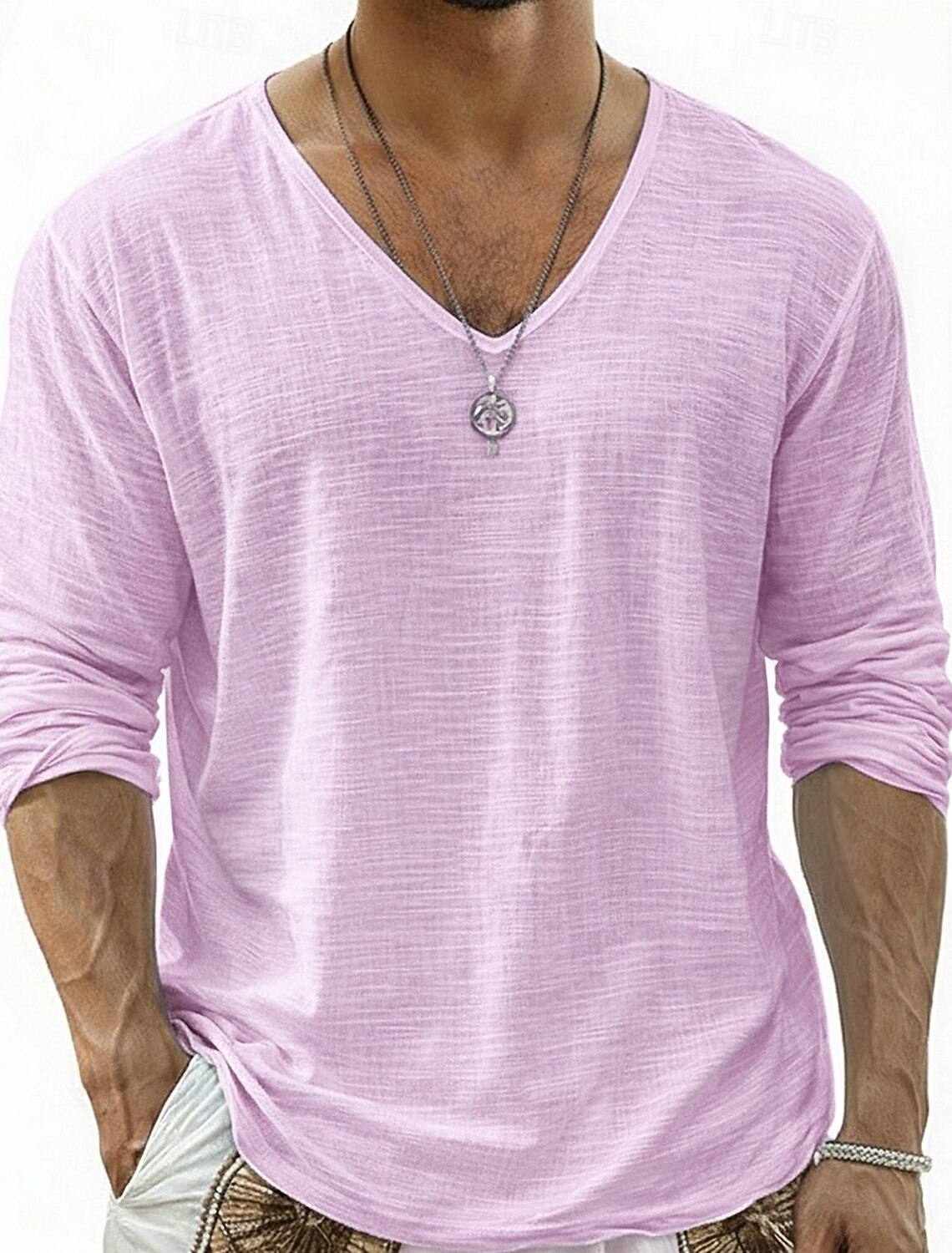 Men's Tee Top Linen T-Shirt Long Sleeve V Neck Summer Spring & Soli #2