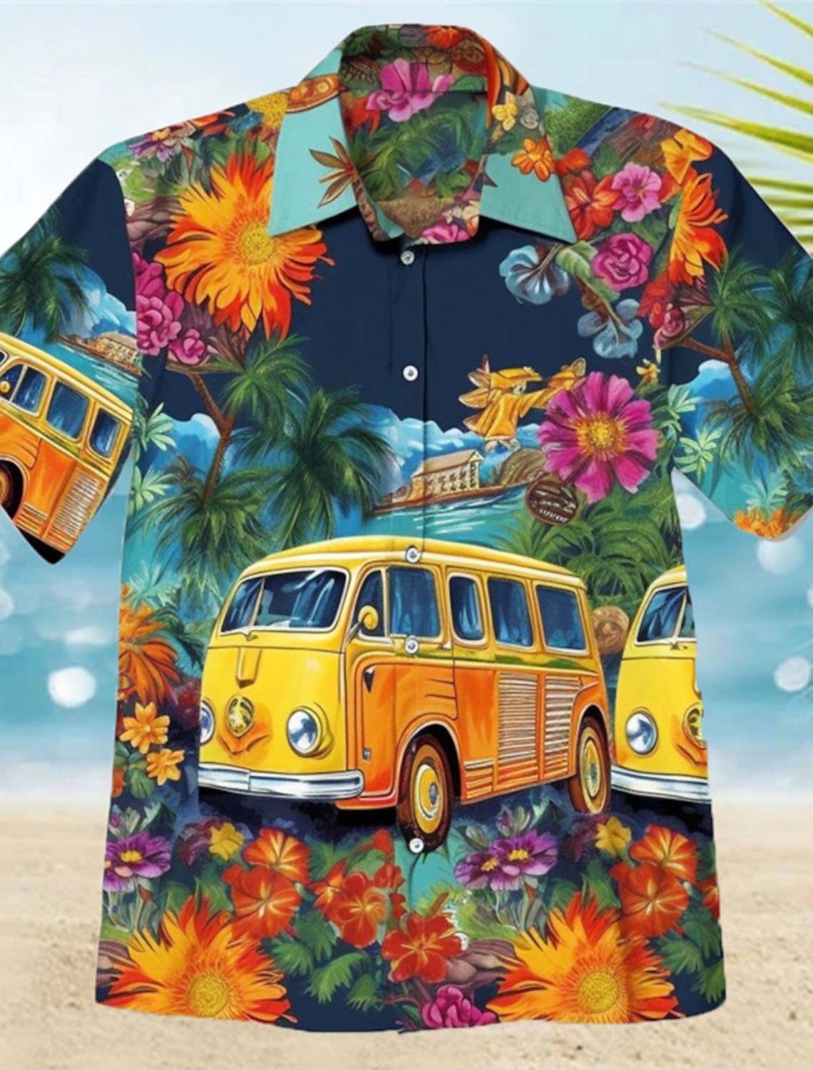 Men's Floral Hippie Bus Shirt Summer Hawaiian Aloha Short Sleeves
