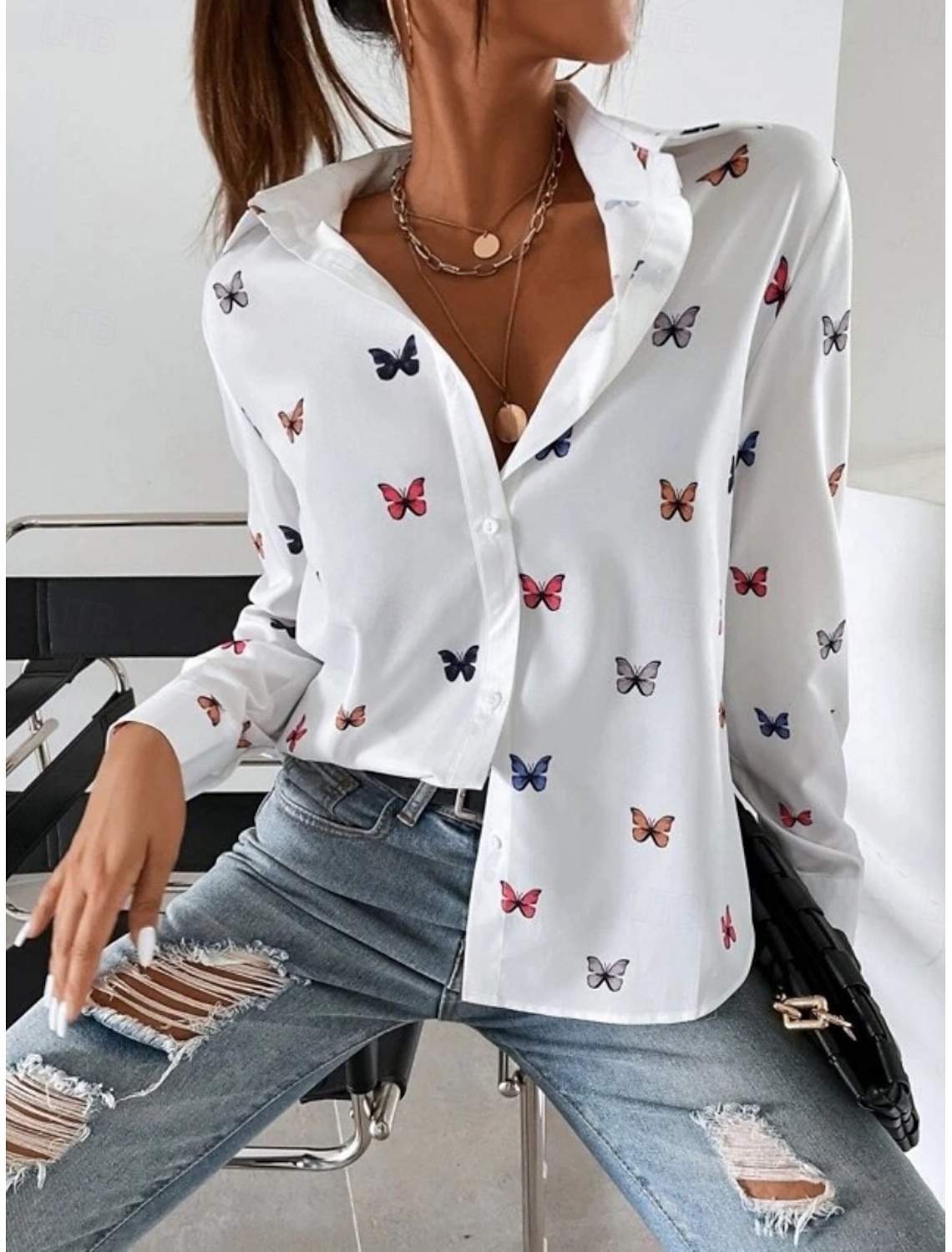Women's Shirt Blouse Stylish Casual Butterfly Regular Tops Long Sleeve Shirt Collar Buttons Print Regular Fit Daily Summer Spring