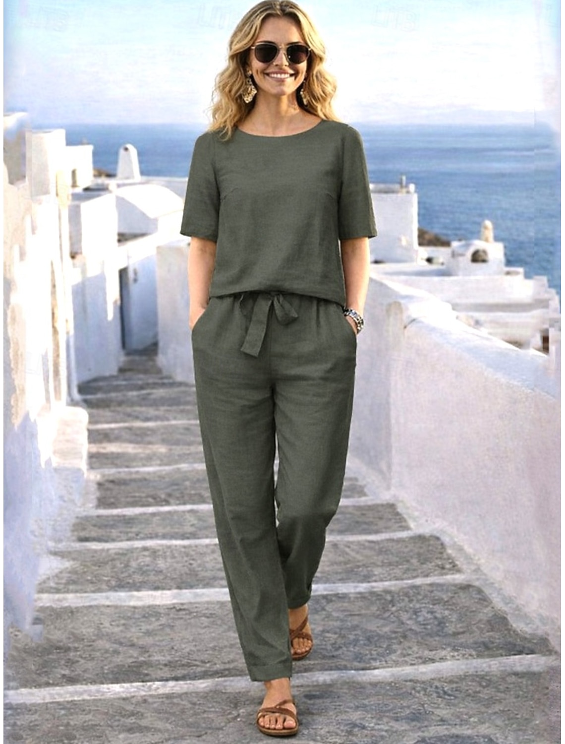 Women's Cotton Linen Sets 3/4 Length Sleeve Stand Collar Solid Color Daily Distressed Casual Daily Black Yellow Wine Summer Loose Fit