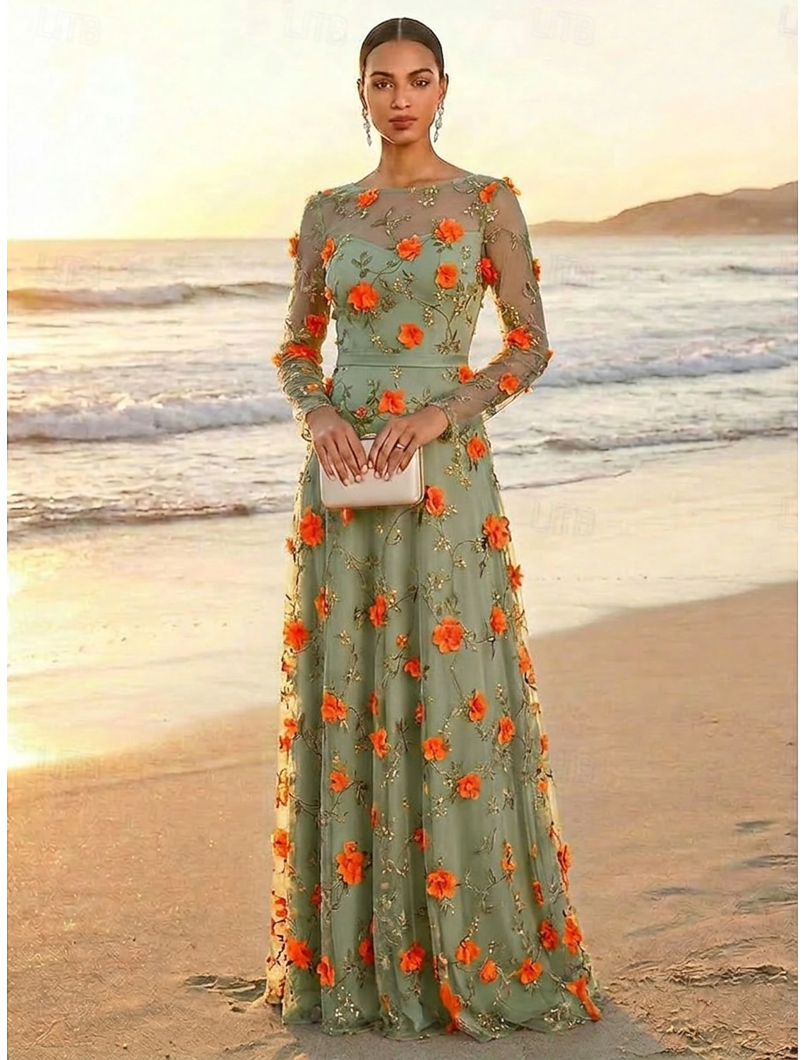 A-Line Dress Floor Length Party Dress Mother of the Bride Dress Long Sleeve Crew Neck Illusion Neck Elegant Vintage Luxurious Formal Wedding Guest Kentucky Derby Lace Tulle with 3D Flowers Embroidery