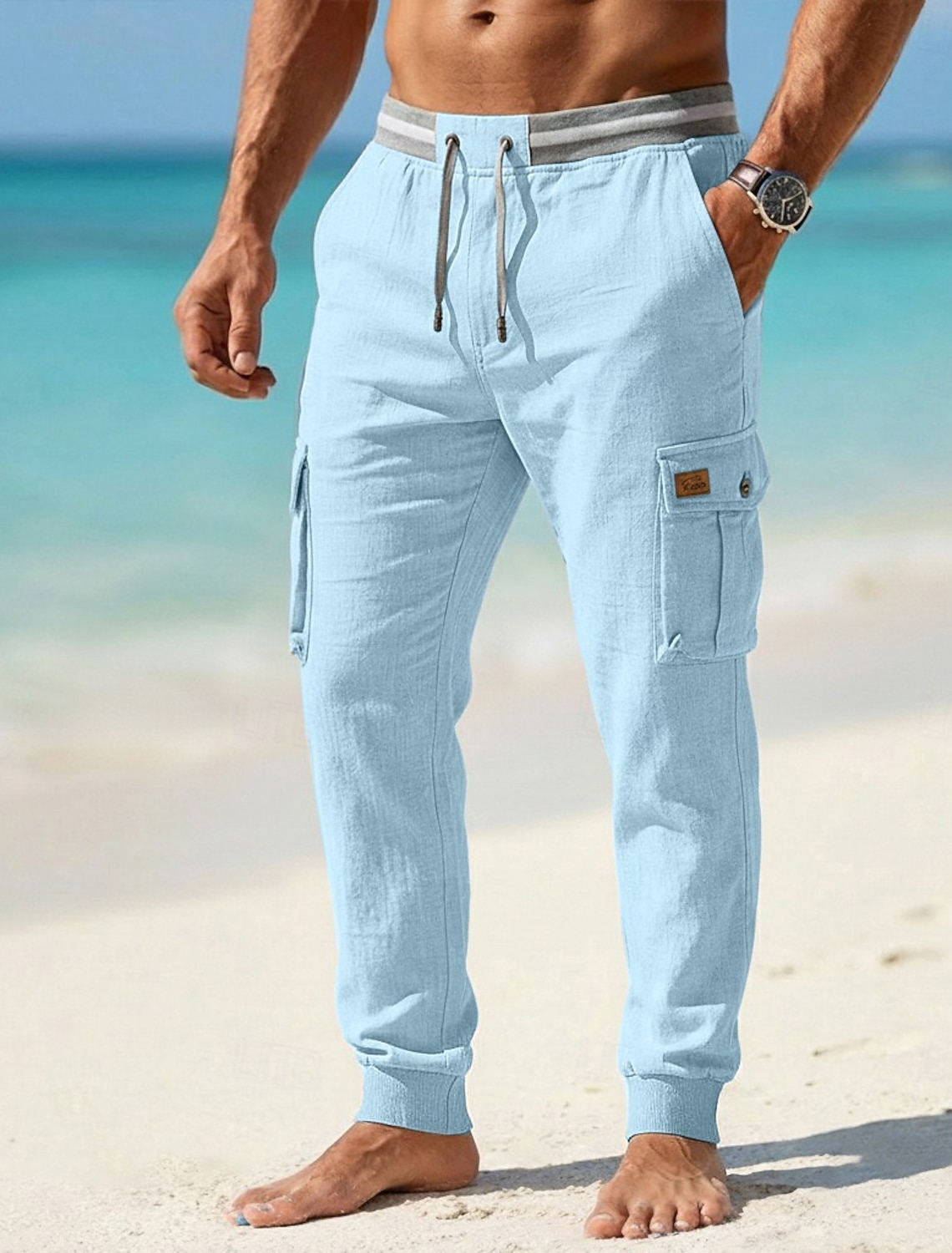 Men's Linen Pants Summer Pants Baggy Pants Drawstring Elastic Waist Plain Comfort Breathable Full Length Casual Daily Outdoor Vacation Fashion Blue Black Stretchy