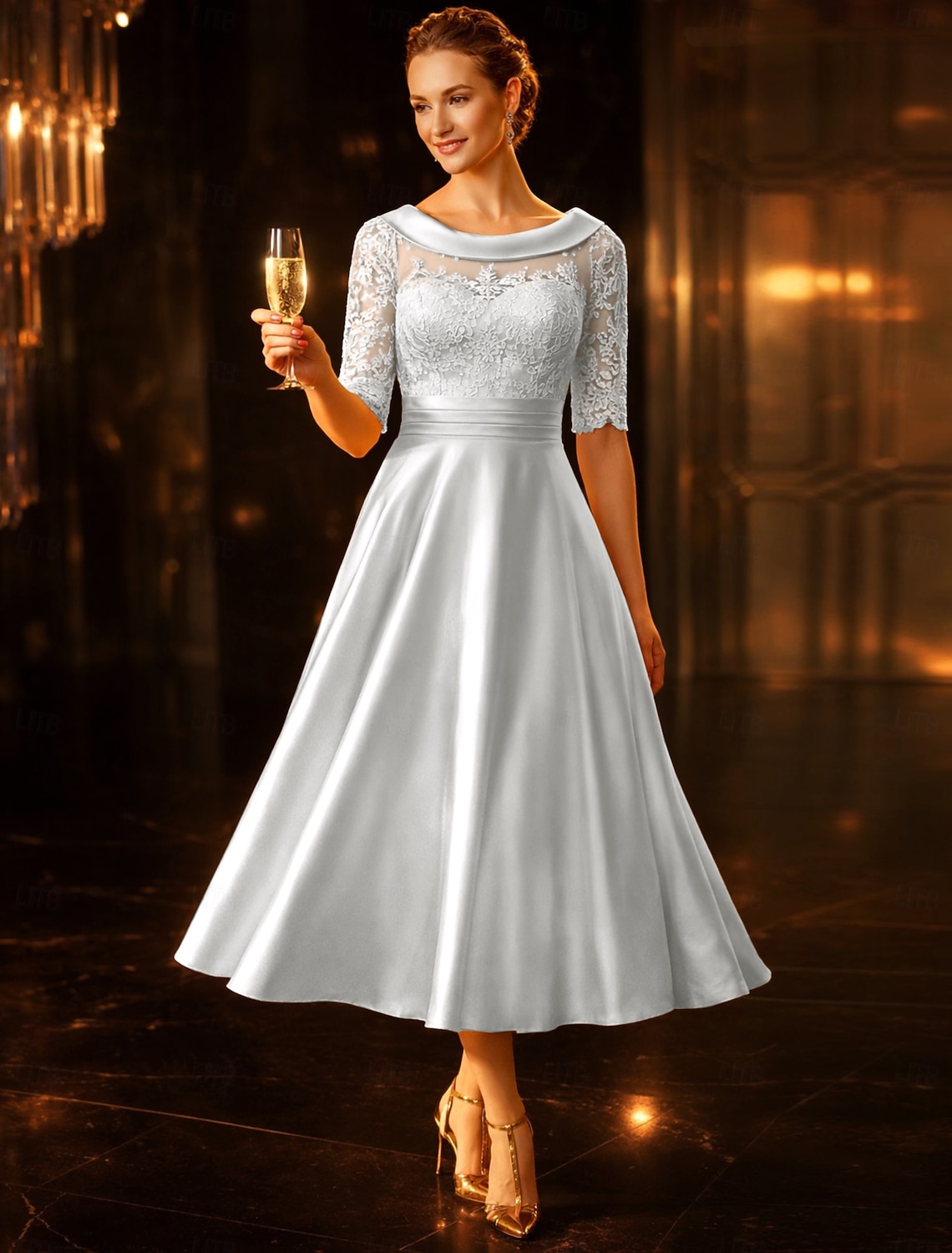 A-Line Tea Length Party Dress Cocktail Dress Wedding Guest Dress Mother of the Bride Dress Half Sleeve Scoop Neck Elegant Vintage Wedding Guest Satin Lace with Ruched Appliques