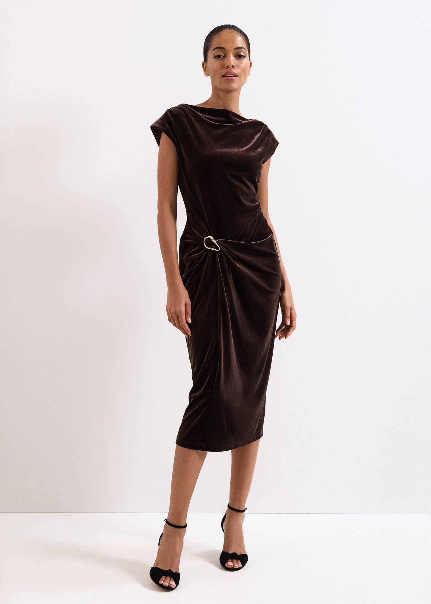 Verra Brown Velvet Midi Dress