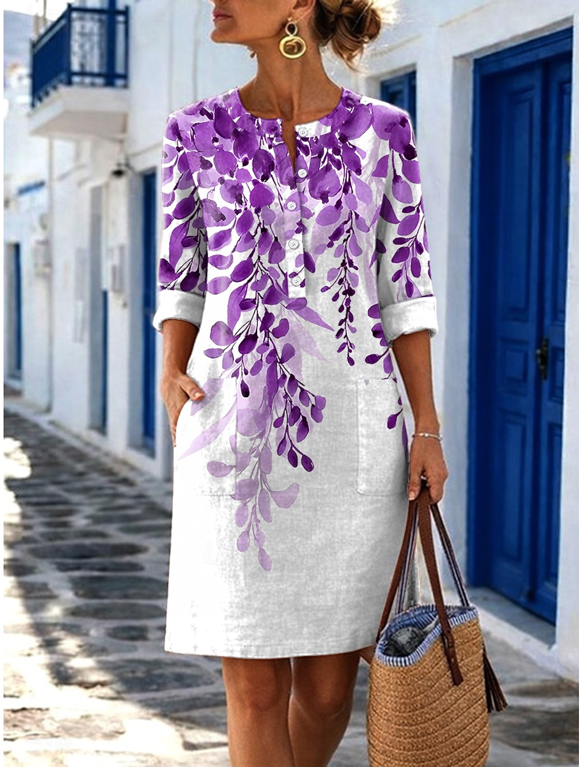Women's Midi Dress Linen-feel Dresses Shift Dress Casual Daily Regular Fit Plain Long Sleeve Crew Neck Blue Black White Royal Blue Summer Spring Fall